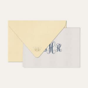 Papel de carta personalizado com monograma calligraphy em azul marinhoe envelope bege