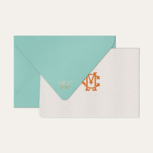 Papel de carta personalizado com monograma clássico em laranja e envelope azul tiffany