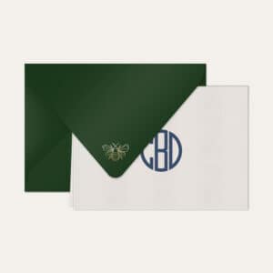 Papel de carta personalizado com monograma gatsby em azul marinho e envelope verde escuro