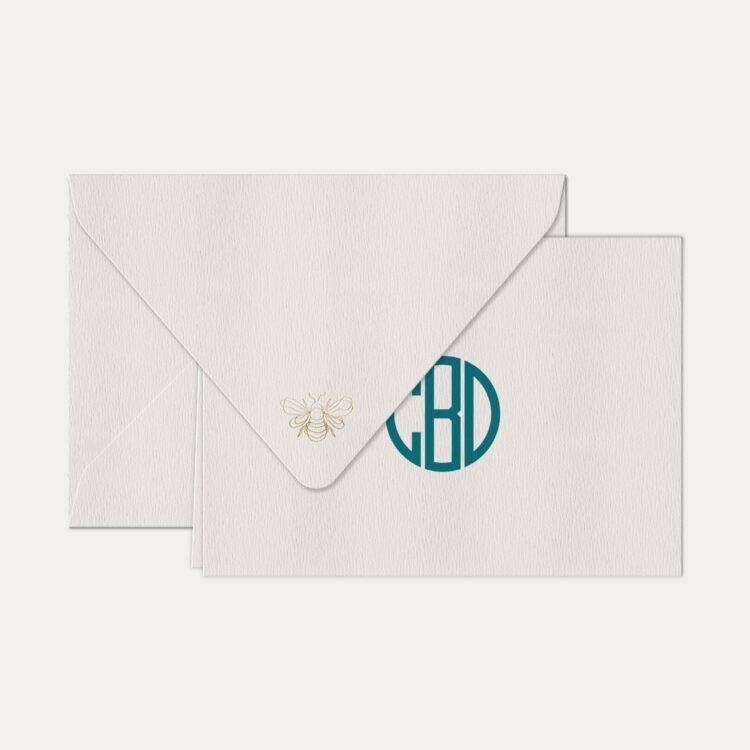 Papel de carta personalizado com monograma gatsby em azul petróleo e envelope branco