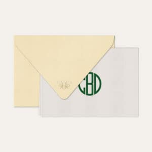 Papel de carta personalizado com monograma gatsby em verde escuro e envelope bege