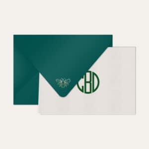 Papel de carta personalizado com monograma gatsby em verde escuro e envelope azul petróleo
