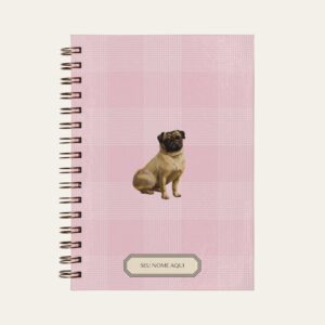 Planner personalizado com estampada xadrez rosa com ilustração de cachorro pug Colmeias Design