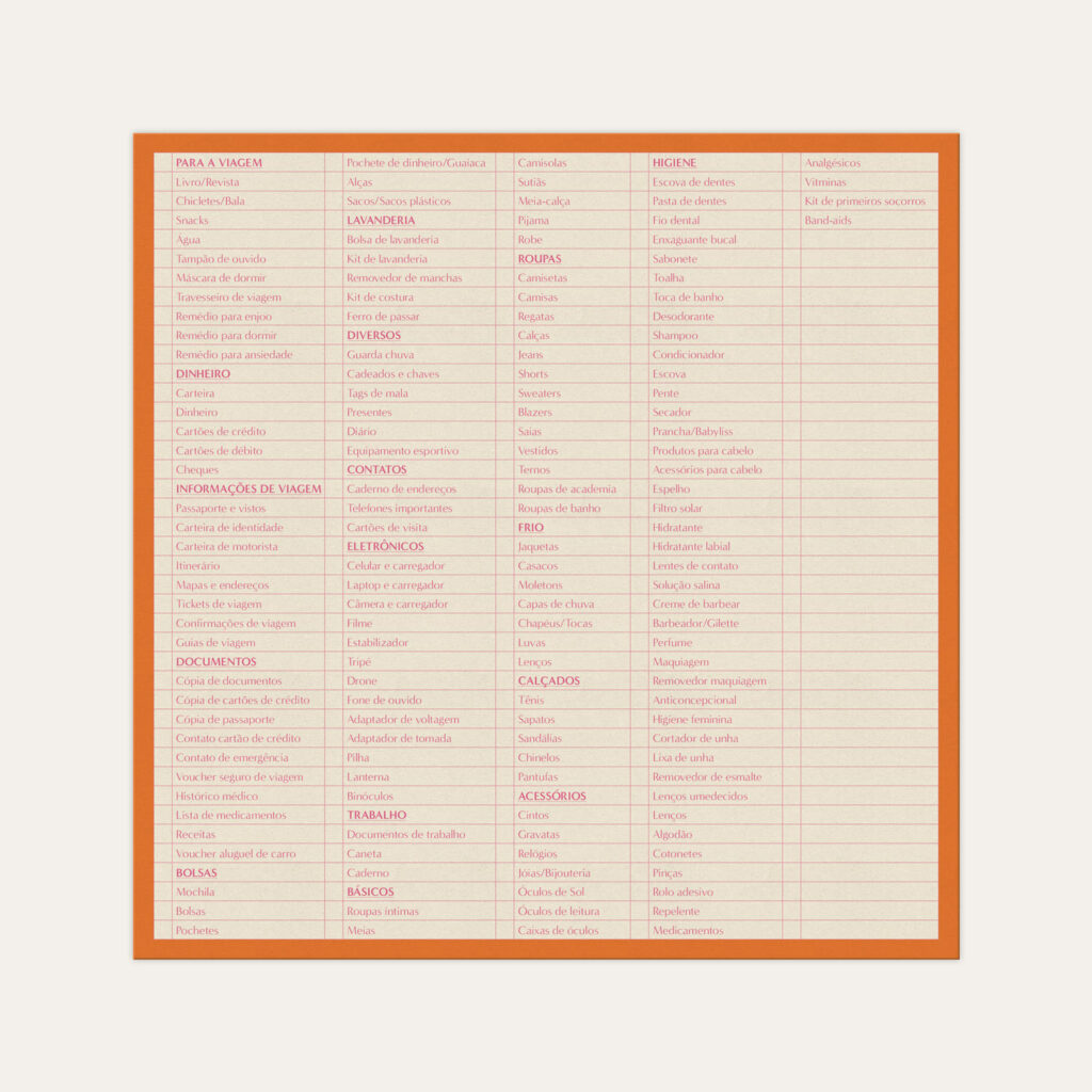 Bloco de notas checklist de viagem, com lista de produtos essenciais e espaço para anotações