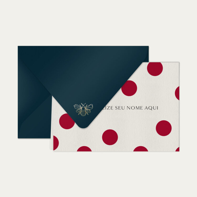 Papel de carta personalizado com ilustração de polka dots e envelope azul marinho de alta qualidade