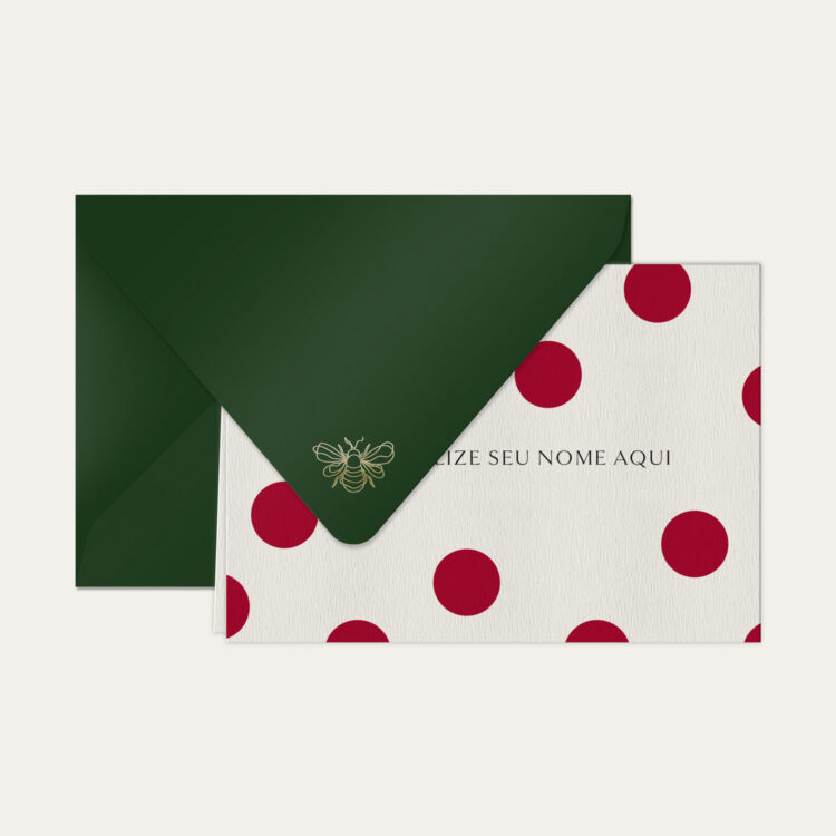 Papel de carta personalizado com ilustração de polka dots e envelope verde escuro de alta qualidade