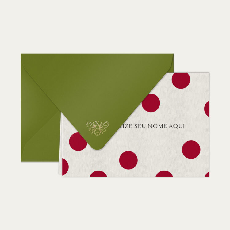 Papel de carta personalizado com ilustração de polka dots e envelope verde oliva de alta qualidade