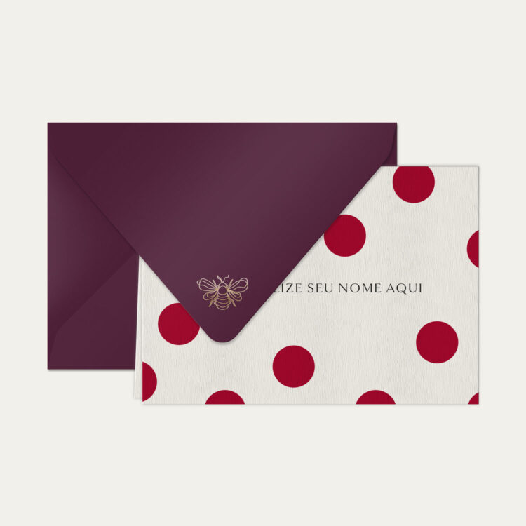 Papel de carta personalizado com ilustração de polka dots e envelope vinho de alta qualidade