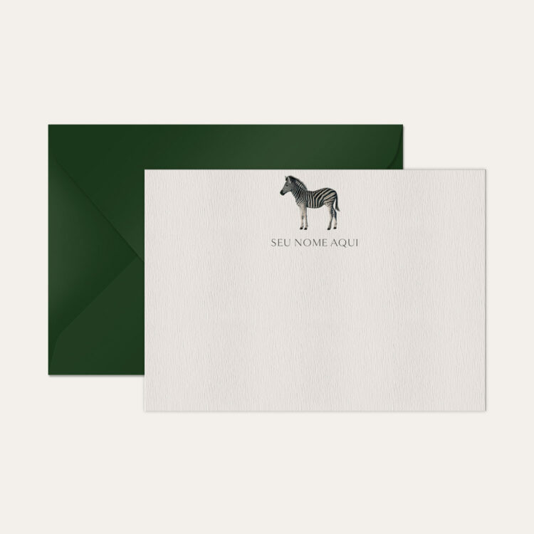 Papel de carta personalizado com ilustração de zebra e envelope verde escuro de alta qualidade