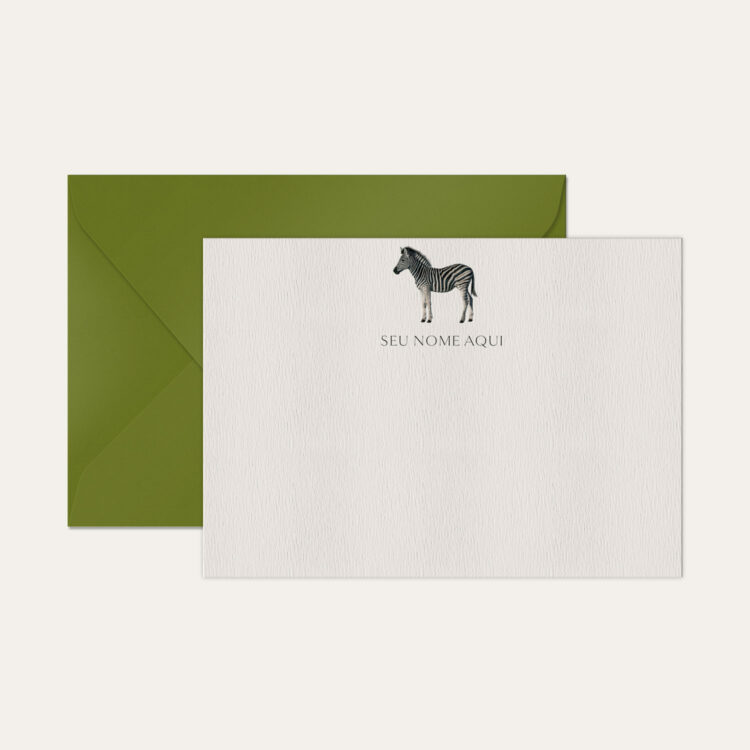 Papel de carta personalizado com ilustração de zebra e envelope verde oliva de alta qualidade