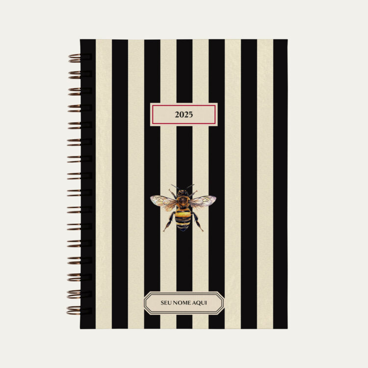 Capa do planner personalizado Colmeias Design listrado preto e branco com ilustração de abelha