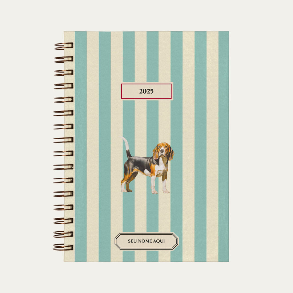 Capa do planner personalizado Colmeias Design com estampa listrada azul e ilustração de cachorro beagle