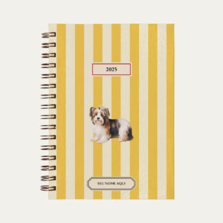 Capa do planner personalizado Colmeias Design com estampa listrada amarelo e ilustração de cachorro beagle