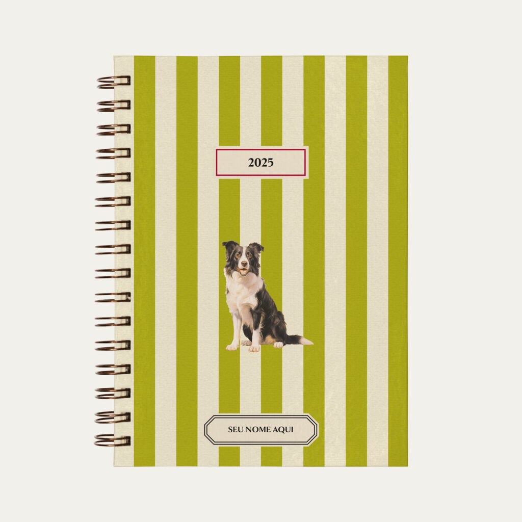 Capa do planner personalizado Colmeias Design com estampa listrada verde e ilustração de cachorro border collie