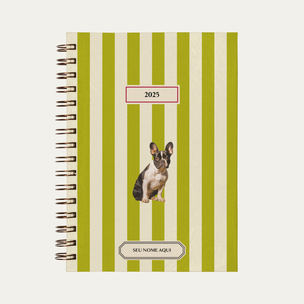 Capa do planner personalizado Colmeias Design com estampa listrada verde e ilustração de cachorro bulldog francês