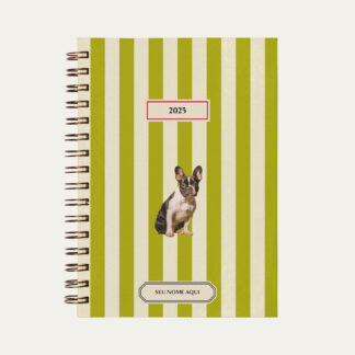 Capa do planner personalizado Colmeias Design com estampa listrada verde e ilustração de cachorro bulldog francês