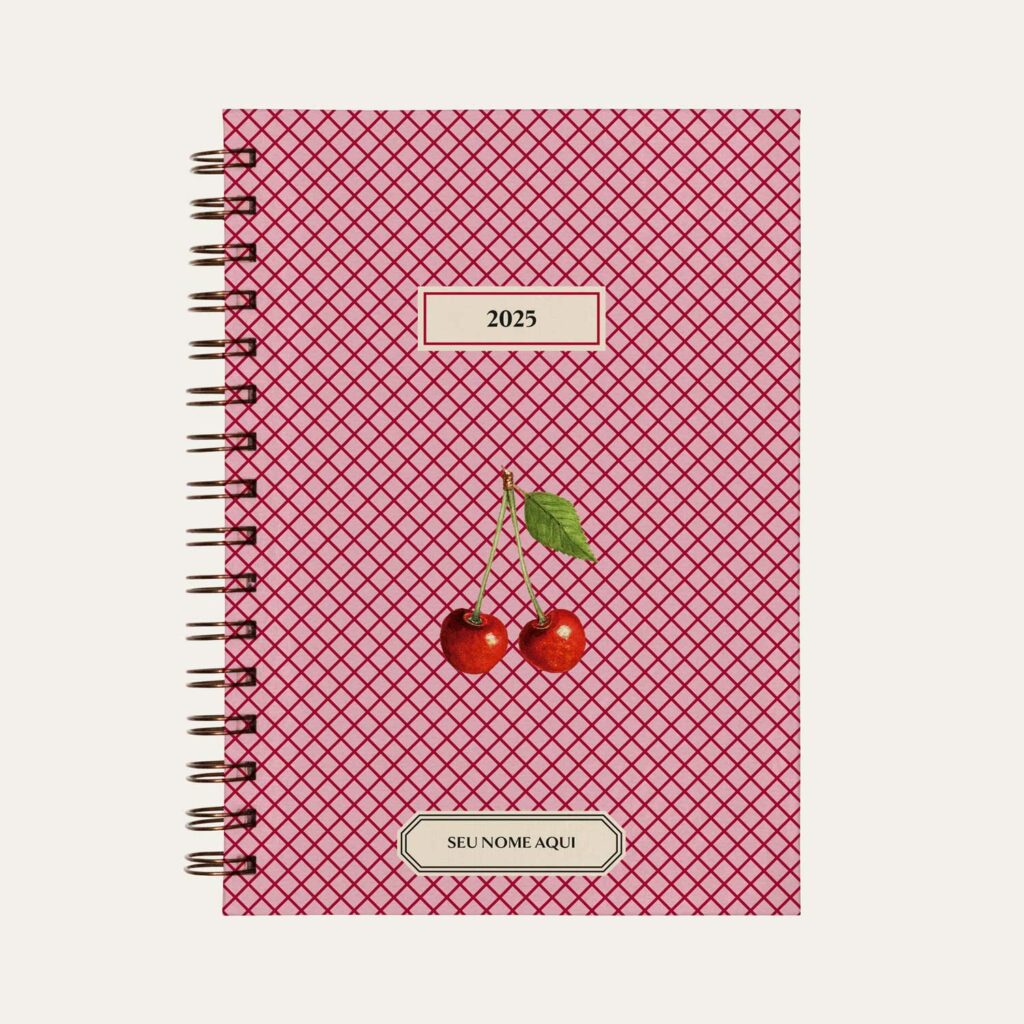 Capa do planner personalizado Colmeias Design com estampa de cereja