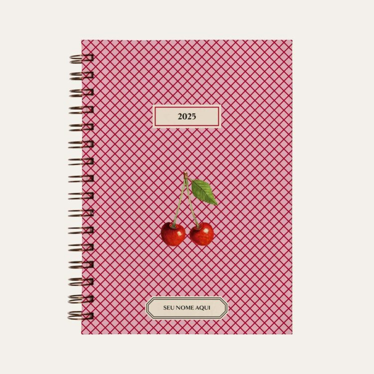 Capa do planner personalizado Colmeias Design com estampa de cereja