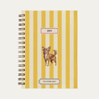 Capa do planner personalizado Colmeias Design com estampa listrada amarelo e ilustração de cachorro chihuahua