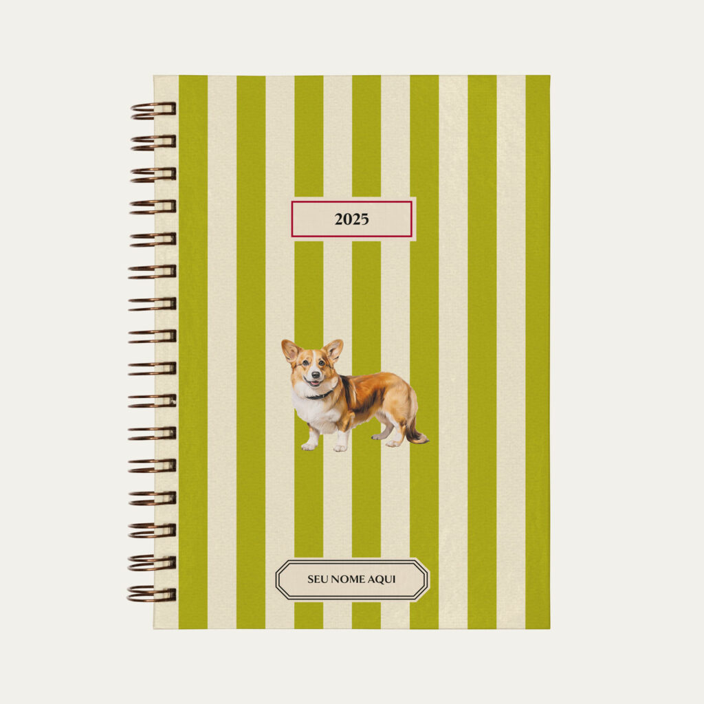 Capa do planner personalizado Colmeias Design com estampa listrada verde e ilustração de cachorro corgi