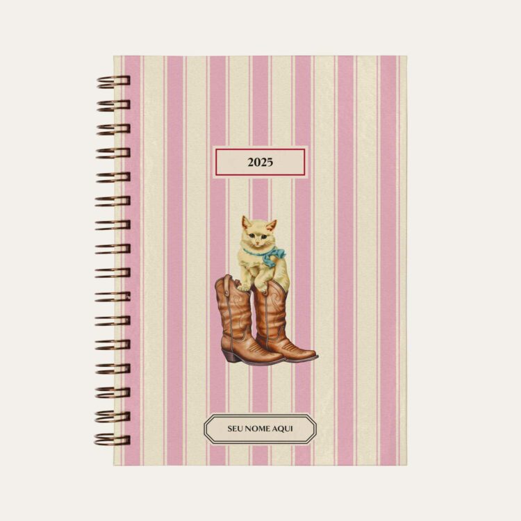 Capa do planner personalizado Colmeias Design com estampa de gatinho com botas cowboy