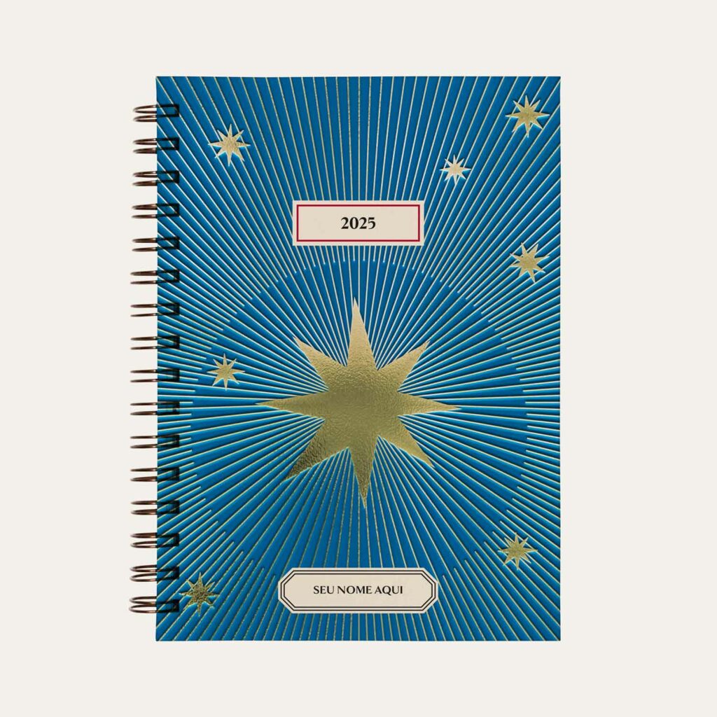 Capa do planner personalizado Colmeias Design com estampa de estrela dourada e azul