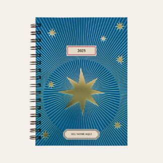 Capa do planner personalizado Colmeias Design com estampa de estrela dourada e azul