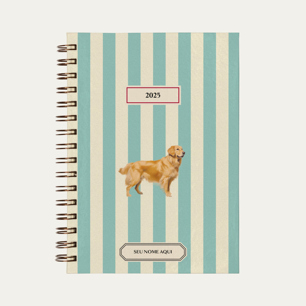 Capa do planner personalizado Colmeias Design com estampa listrada azul e ilustração de cachorro Golden Retriever