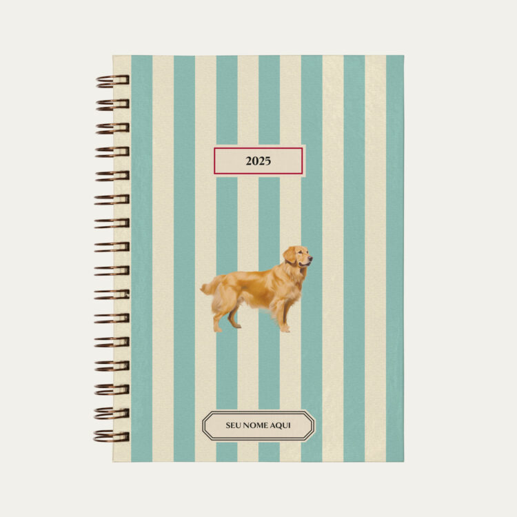 Capa do planner personalizado Colmeias Design com estampa listrada azul e ilustração de cachorro Golden Retriever