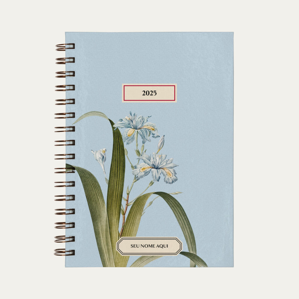 Capa do planner personalizado Colmeias Design azul bebê e flor iris