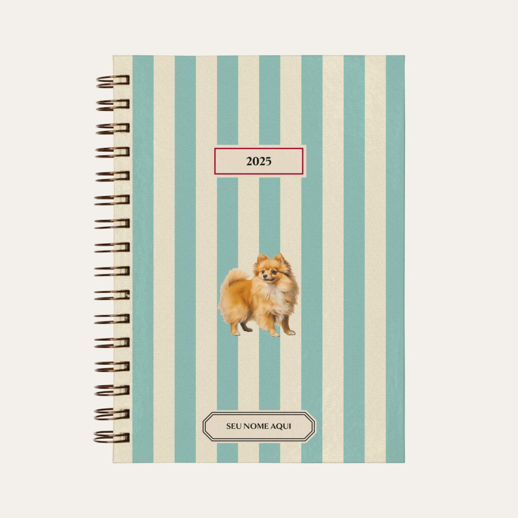 Capa do planner personalizado Colmeias Design com estampa listrada azul e ilustração de cachorro Lulu da Pomerania