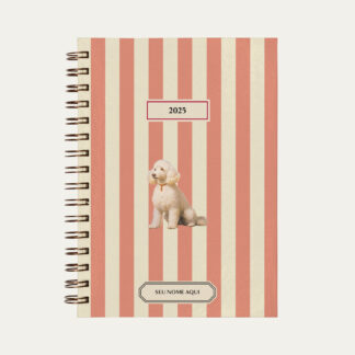 Capa do planner personalizado Colmeias Design com estampa listrada rosa e ilustração de cachorro poodle