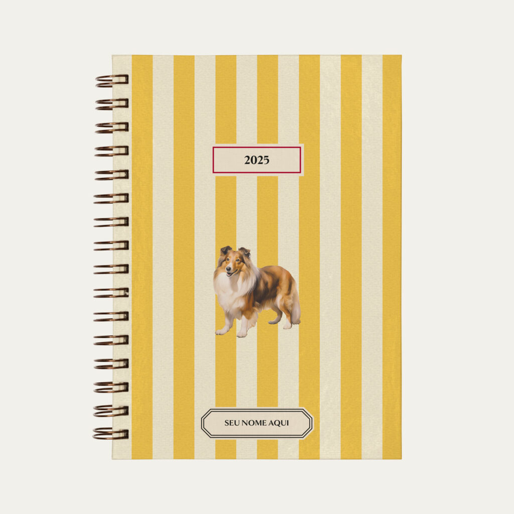 Capa do planner personalizado Colmeias Design com estampa listrada amarelo e ilustração de cachorro Sheltie