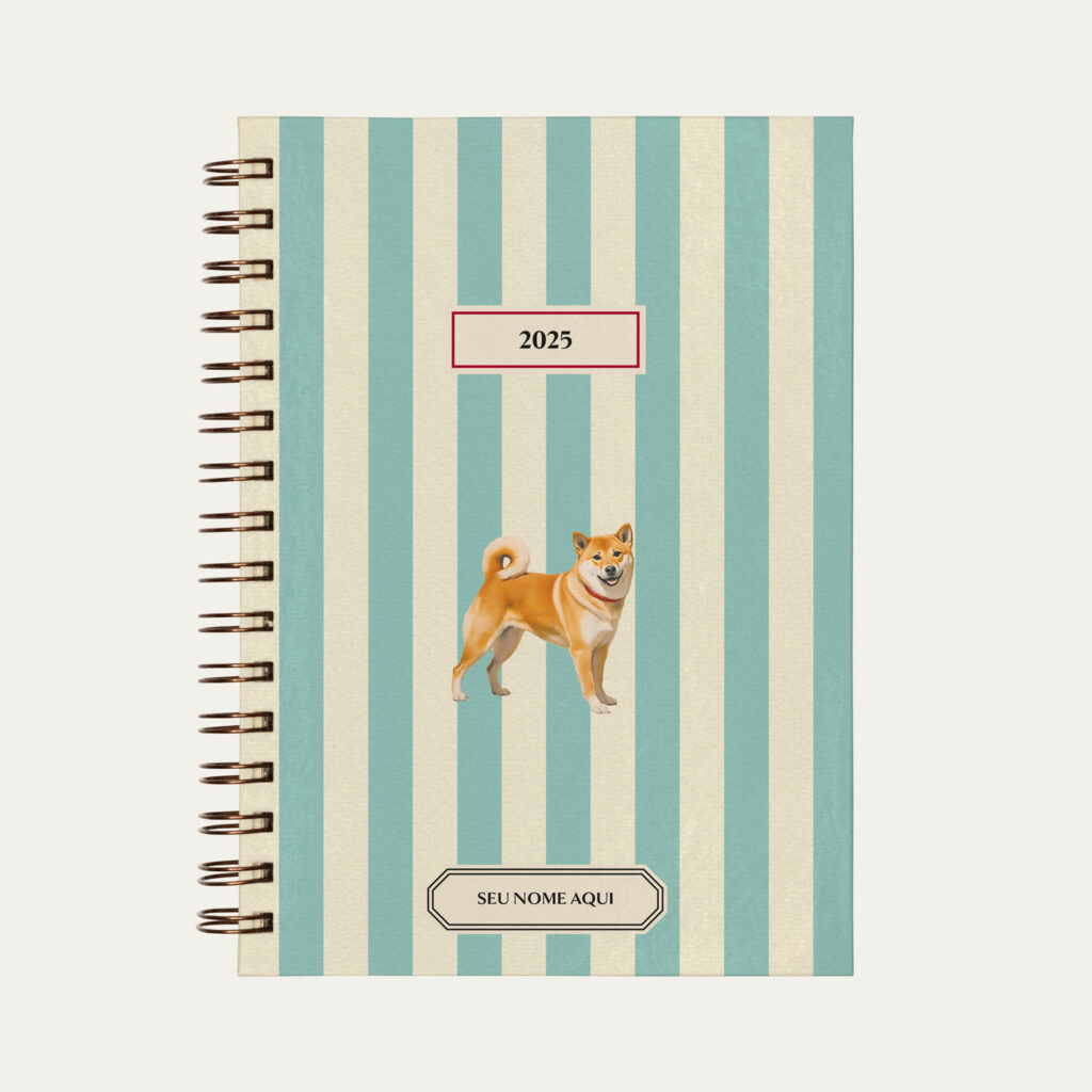 Capa do planner personalizado Colmeias Design com estampa listrada azul e ilustração de cachorro Shiba Inu