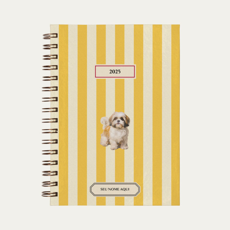 Capa do planner personalizado Colmeias Design com estampa listrada amarelo e ilustração de cachorro chihuahua shih tzu