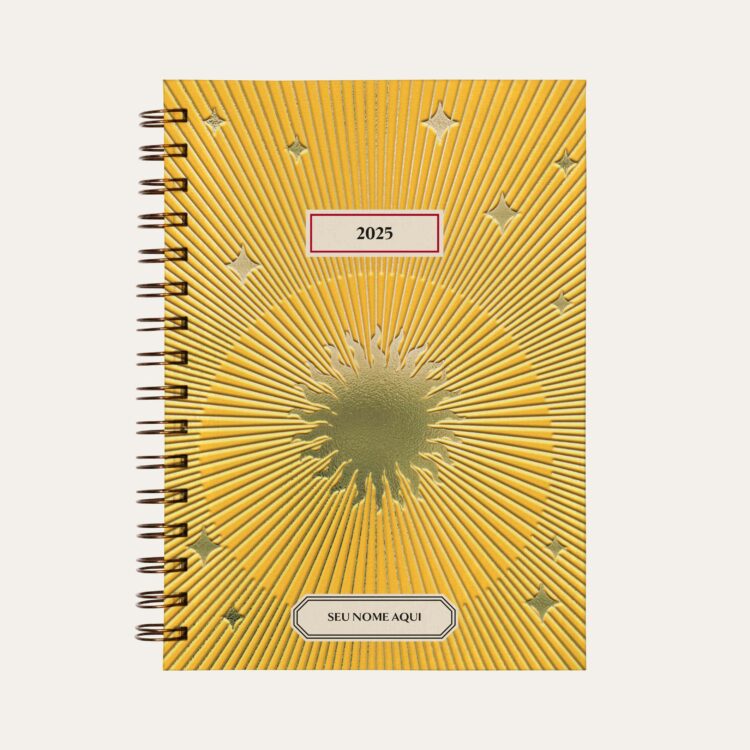 Capa do planner personalizado Colmeias Design com estampa de sol, amarela e dourado