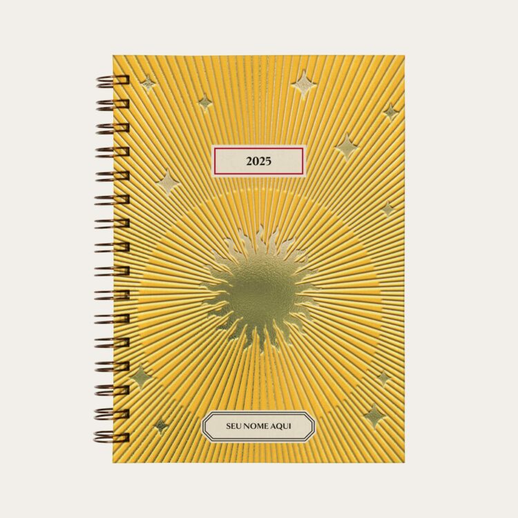 Capa do planner personalizado Colmeias Design com estampa de sol, amarela e dourado