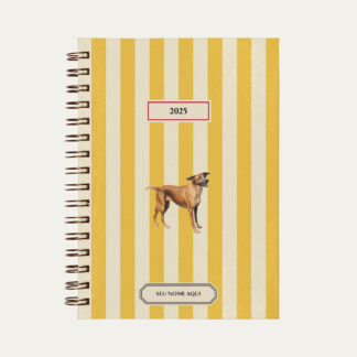 Capa do planner personalizado Colmeias Design com estampa listrada amarelo e ilustração de cachorro viralata caramelo