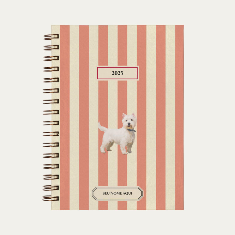 Capa do planner personalizado Colmeias Design com estampa listrada rosa e ilustração de cachorro west highland white terrier