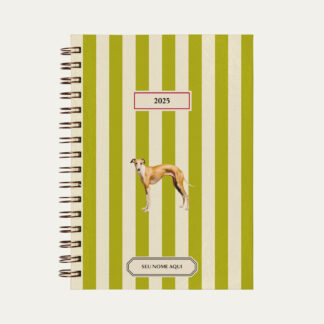 Capa do planner personalizado Colmeias Design com estampa listrada verde e ilustração de cachorro whippet