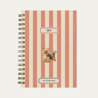 Capa do planner personalizado Colmeias Design com estampa listrada rosa e ilustração de cachorro yorkshire