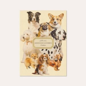 Cartela de adesivos de cachorros Colmeias com ilustrações vintage de diversas raças.