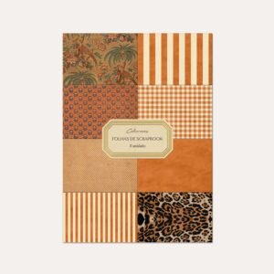 Capa do envelope de folhas laranjas da Colmeias para fazer scrapbook com 8 estampas diferentes