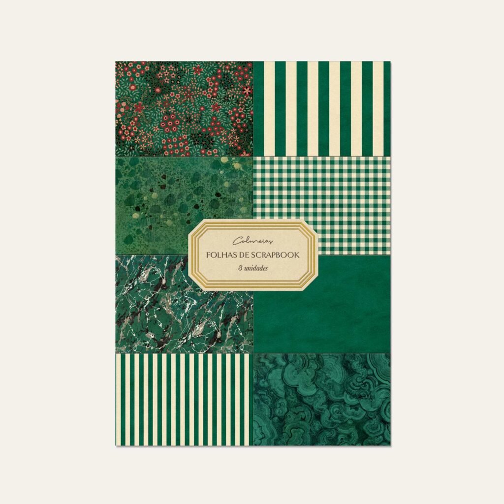 Folhas de Scrapbook Verde Esmeralda Colmeias com 8 estampas diferentes