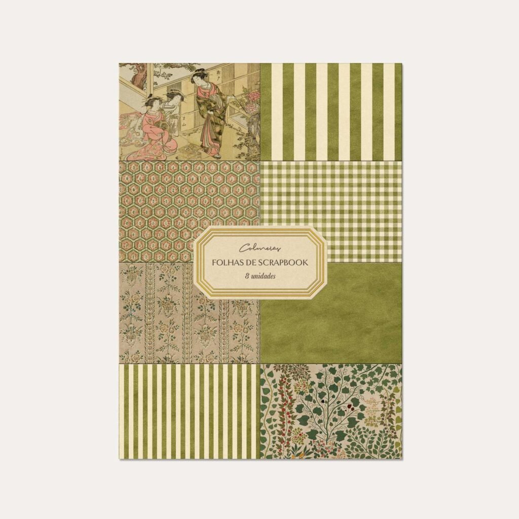 Folhas de Scrapbook Verde Oliva Colmeias com 8 estampas diferentes